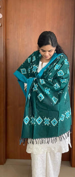 Load image into Gallery viewer, Green &amp; Blue Tehlia - Pochampally Double Ikat Dupatta
